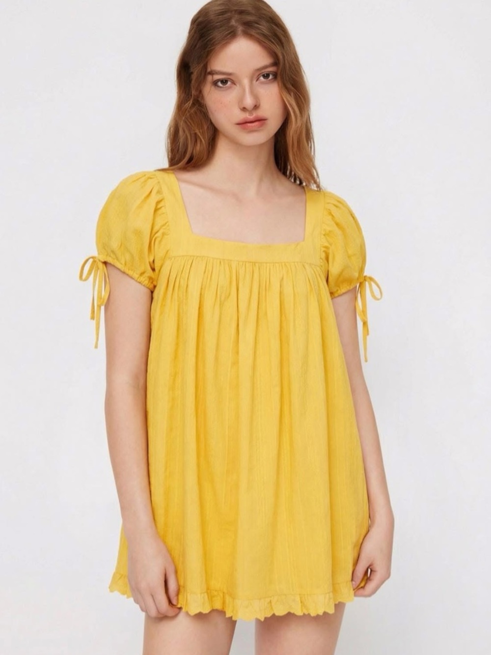 Cider 100% RECYCLED COTTON SQUARE NECK SOLID RUFFLE KNOTTED YELLOW BLOUSE xs